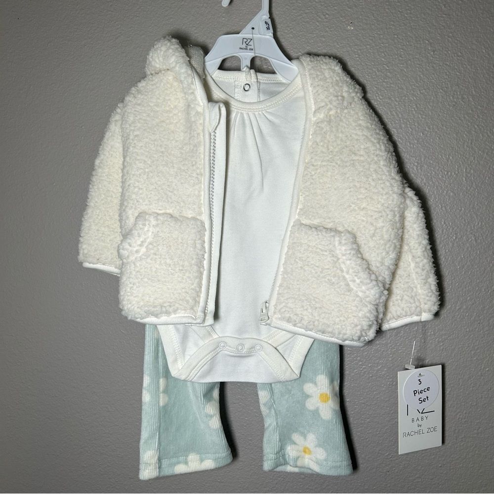 NEW Rachel Zoe baby girl’s bodysuit flare pants jacket outfit set size 0-3 month